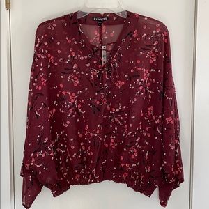 Express Lace Up Burgundy Floral Bat Wing Blouse